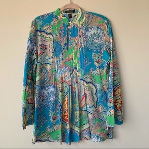 Lauren Ralph Lauren Paisley Print Popover Blouse Pleated Long Sleeve Size Medium